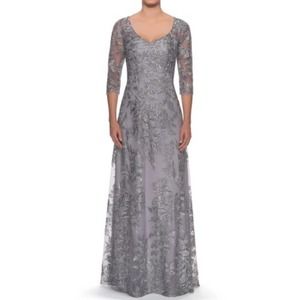 NWT La Femme Floral Embroidered Mesh A-Line Gown Size 16